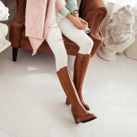 Bottes aspect cuir lisse, marrons, talon 8,5, femmes petites pointures, Michaella