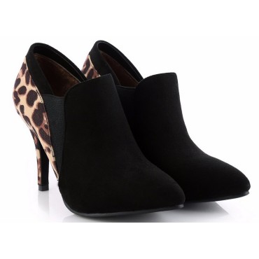 Bottines cheville, aspect daim, noires, arrière léopard, talons 9 cm, petites pointures pour femmes, Nissia