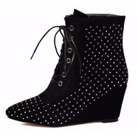 Bottines talons compensés, aspect daim, noires, strass, lacets, Liyane