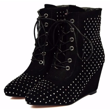 Bottines talons compensés, aspect daim, noires, strass, lacets, Liyane