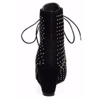 Bottines talons compensés, aspect daim, noires, strass, lacets, Liyane