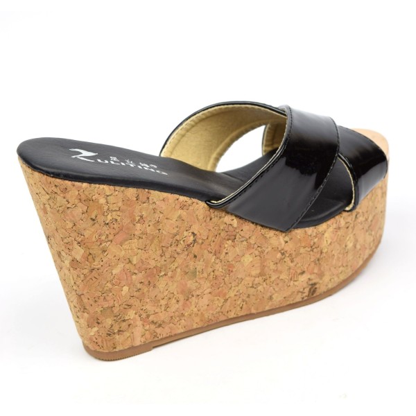 Mules femmes petites pointures talons compensés, vernis noires, Pola