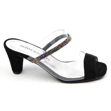 Mules, Cuir transparentes, daim noire, strass multicolor, talons 6,5 cm, Jiliane