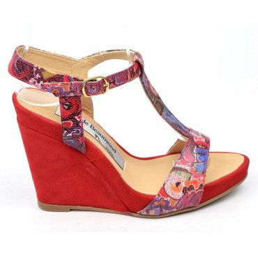 Sandales cuir daim, rouges, talons compensés, Yves de Beaumond, Koline, Petites pointures femme