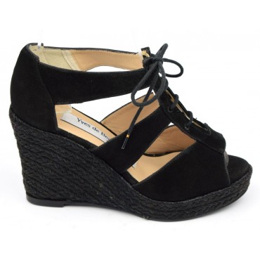 Sandales cuir daim, noires, talons compensés, Yves de Beaumond, Chiraze, Petites pointures femme