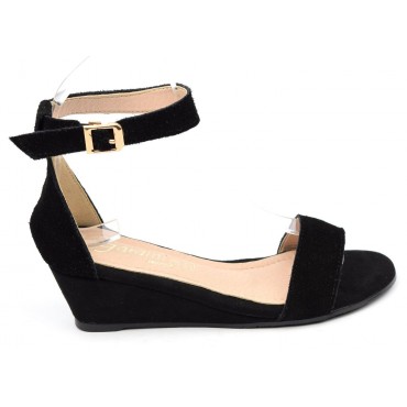 Sandales cuir daim, noire, talons compensés, petites pointures, Marthy