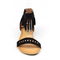 Sandales plates, aspect daim noire, franges, cloutées or, Laosa, femmes petites pointures