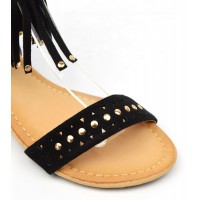 Sandales plates, aspect daim noire, franges, cloutées or, Laosa, femmes petites pointures