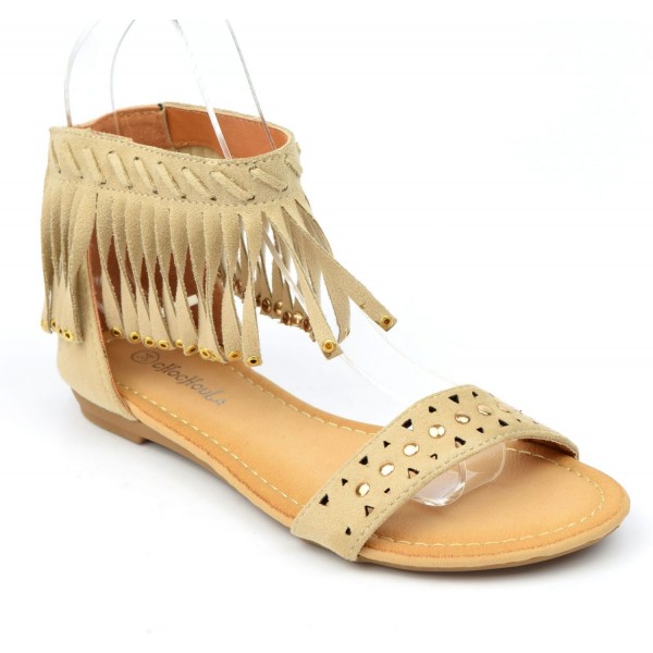 Sandales plates, aspect daim beige, franges, cloutées or, Laosa, femmes petites pointures