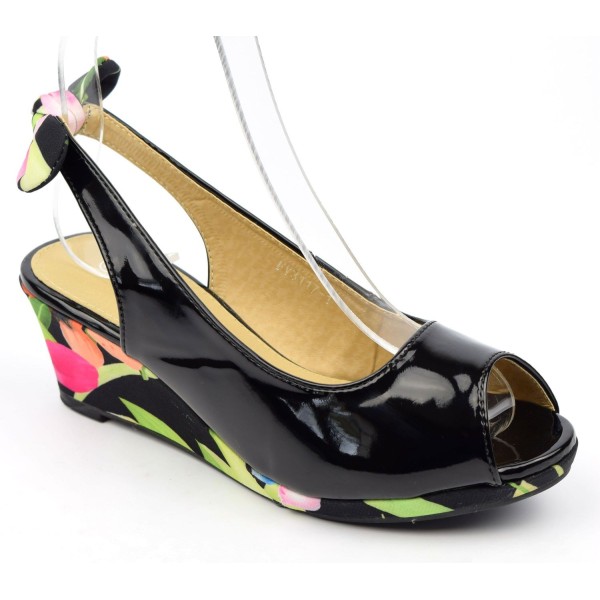 Chaussures compensées vernies, noires, ouvertes, tissu imprimé, talon 6 cm, femmes petites pointures Lolly