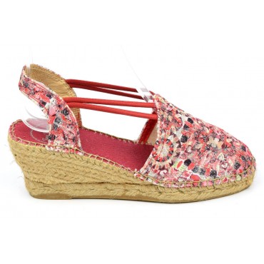 Espadrilles, compensées, femmes, petites pointures, soie sauvage, pailletées rouges, Nayeli