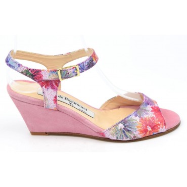 Sandales cuir daim, roses, talons compensés 6,5 cm, Yves de Beaumond, Floralita, Petites pointures femme