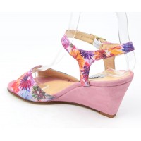 Sandales cuir daim, roses, talons compensés 6,5 cm, Yves de Beaumond, Floralita, Petites pointures femme