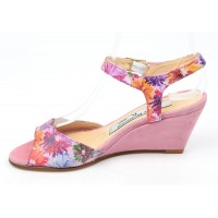 Sandales cuir daim, roses, talons compensés 6,5 cm, Yves de Beaumond, Floralita, Petites pointures femme