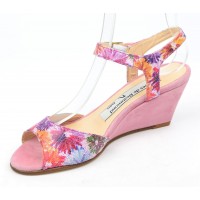 Sandales cuir daim, roses, talons compensés 6,5 cm, Yves de Beaumond, Floralita, Petites pointures femme