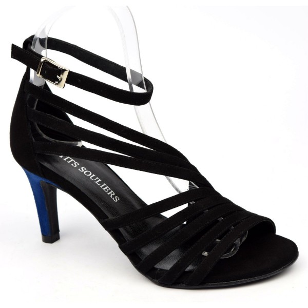 Sandales cuir daim noires, talon bleu roi 7,5 cm, Brenda Zaro, femmes petites pointures, Destina