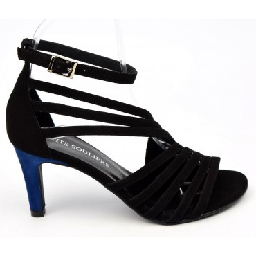 Sandales cuir daim noires, talon bleu roi 7,5 cm, Brenda Zaro, femmes petites pointures, Destina