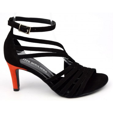 Sandales cuir daim noires, talon orange 7,5 cm, Brenda Zaro, femmes petites pointures, Destina