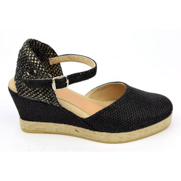 Espadrilles cuir pailleté,  compensées,noires, femmes, petites pointures , Aurea, Toni Pons Essential