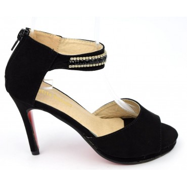 Sandales, aspect daim, noires, hauts talons 9 cm, plateau 1 cm,, femmes petites pointures, Lona