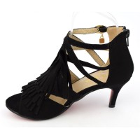 Sandales franges, aspect daim noires, talons 6,5 cm, femmes petites pointures, Jona