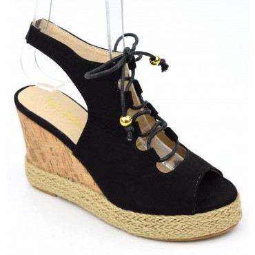 Sandales, aspect daim, noires, lacets, talons compensés, femmes petites pointures, Elsie