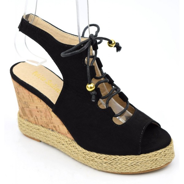 Sandales, aspect daim, noires, lacets, talons compensés, femmes petites pointures, Elsie