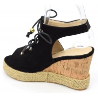 Sandales, aspect daim, noires, lacets, talons compensés, femmes petites pointures, Elsie