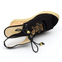 Sandales, aspect daim, noires, lacets, talons compensés, femmes petites pointures, Elsie