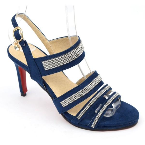 Sandals, suede look, navy blue, rhinestones, women's small sizes