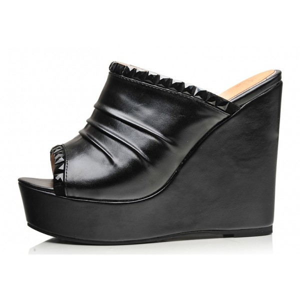 Mules, noires, talons compensés, aspect cuir mate, petites pointures, Jill