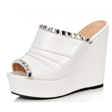 Mules, blanches, talons compensés, aspect cuir mate, petites pointures, Jill