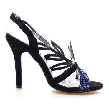 Sandales cuir daim, hauts talons, strass bleus, Sissy, femmes petites pointures