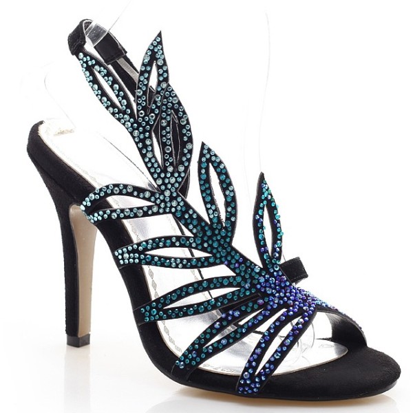 Sandales cuir daim, hauts talons, strass bleus, Sissy, femmes petites pointures