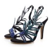 Sandales cuir daim, hauts talons, strass bleus, Sissy, femmes petites pointures