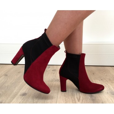 Bottines, cuir daim, bicolores noire-rouge, Yves de Beaumond, femme petite pointure, London, MI-211