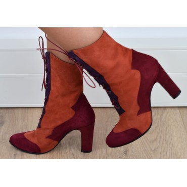 Bottines, lacets, cuir daim, tricolores bordeaux-orange-violet, Yves de Beaumond, femmes petites pointures, Oxford, MI-416