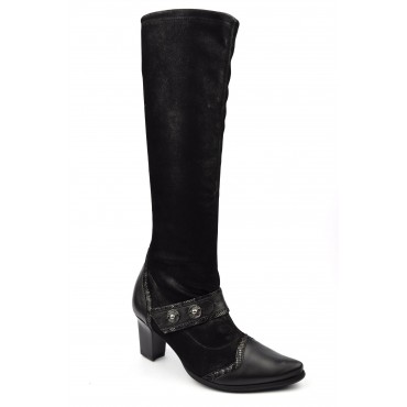 Bottes cuir daim frotté stretch, Metayer, noires, talon 6,5 cm, Faodil, femmes petites pointures