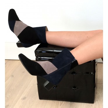 Bottines,  cuir daim, noires - bordeaux - miel, Brenda Zaro, femmes petites pointures, Biguine, F1709