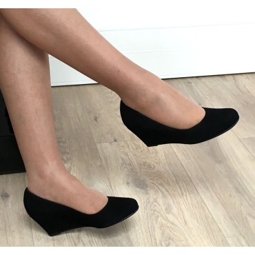 Chaussures compensées cuir daim, noires, Yves de Beaumond, petites pointures, Thaïs, 4079