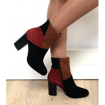 Bottines ,  cuir daim, tricolores noire - rouge - miel, Brenda Zaro, femmes petites pointures, Groove, FV1803