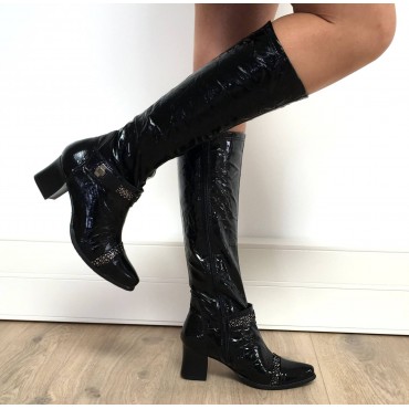 Bottes cuir verni souple, Metayer, noires, talon 5,5 cm, Meabut, femmes petites pointures