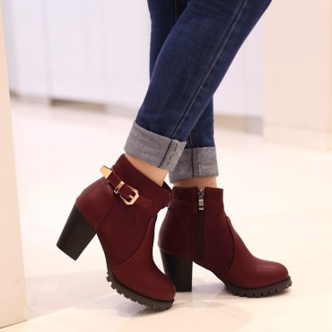 Bottines bi-matière, petites pointures, talons épais 7 cm, bordeaux, Rebecca