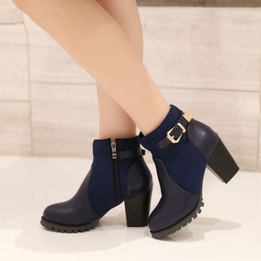 Bottines bi-matière, petites pointures, talons épais 7 cm, bleues, Rebecca