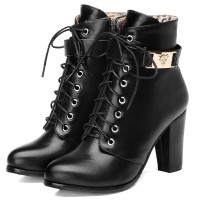 Bottines aspect cuir mate noires, lacet, talons épais 8.5 cm, femmes petite pointure, Tiver