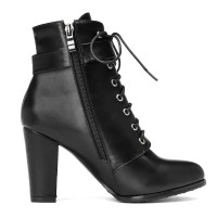 Bottines aspect cuir mate noires, lacet, talons épais 8.5 cm, femmes petite pointure, Tiver