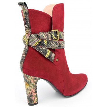 Bottines cuir daim, rouges, brides motif serpent, Yves de beaumond, MI-415, Kingswood