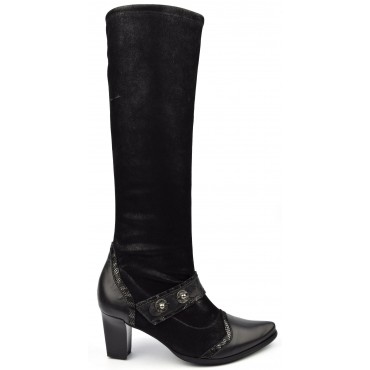 Bottes cuir daim frotté stretch, Metayer, noires, talon 6,5 cm, Faodil, femmes petites pointures