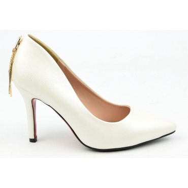 Escarpins aspect cuir mate blanc nacré, talons 9 cm, Corna