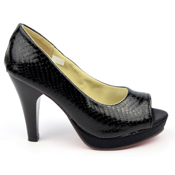 Escarpins peep toe aspect croco verni, noires, bouts ouvert, Jaffa